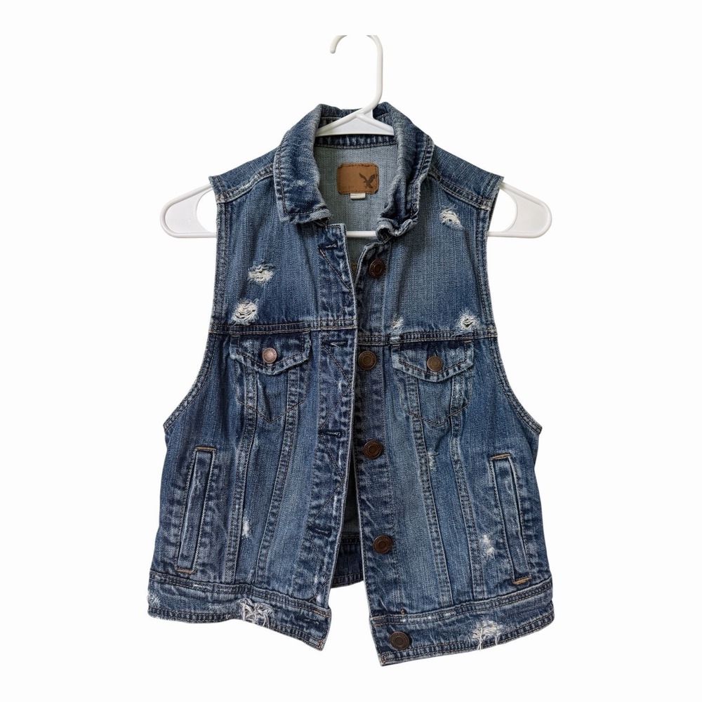 American Eagle Distressed Denim Vest Women's Medium